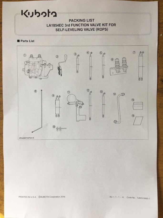 7J443-94222  Kubota LA1854 EC 3rd Function Valve Kit  M Series Tractor 3rd Function