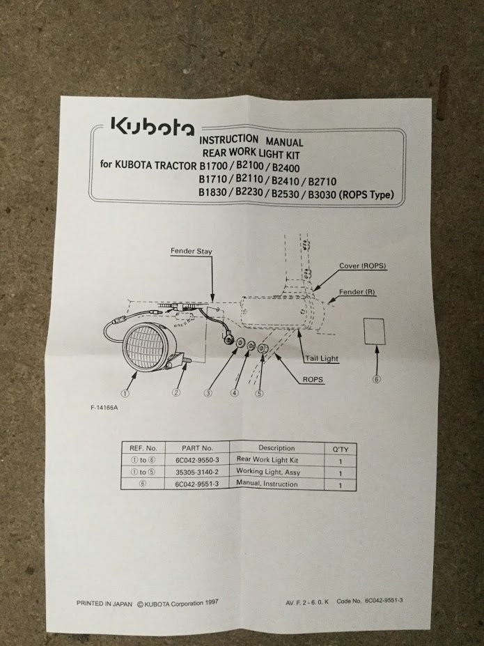 6C042-95501  Kubota Tractor Working Light Kit for ROPS with Switch ( B16 / B1820 / B1 Series )